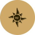 beige circle coaster, with sun logo printed