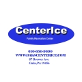 Blue and white logo, contact information